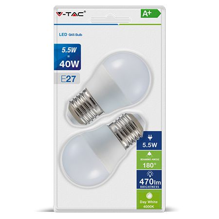 BLISTER 2 BECURI LED G45 E27 5.5W 2700K ALB CALB